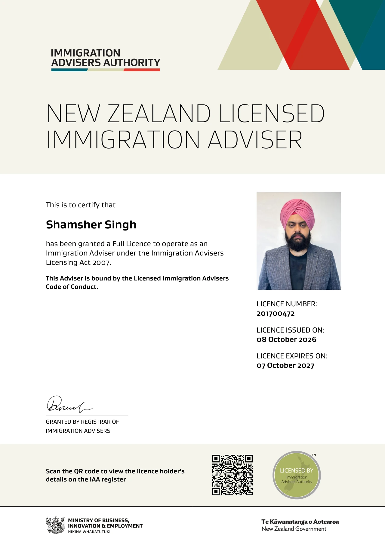 Shamsher Singh - New Zealand Licensed Immigration Adviser Certificate, Licence Number 201700472